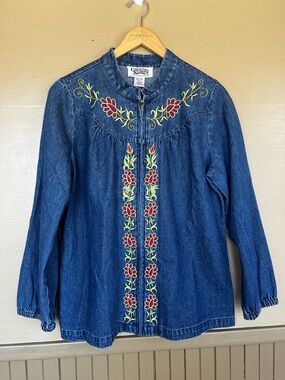 Country Store Floral Embroidery Denim Zippered Shacket Medium
